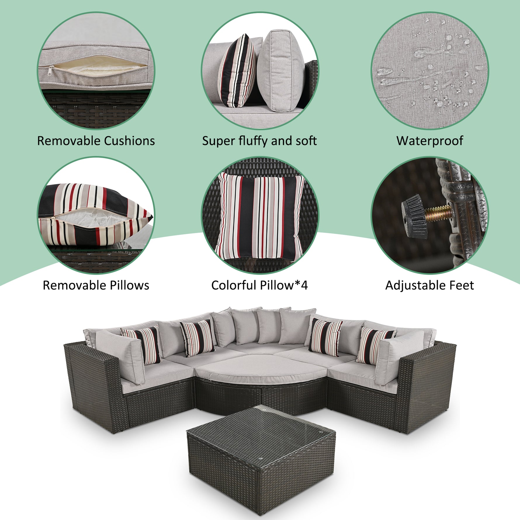 GO 7-piece Outdoor Wicker Sofa Set, Rattan Sofa Lounger, With  Colorful Pillows, Conversation Sofa, For Patio, Garden, Deck, Brown Wicker