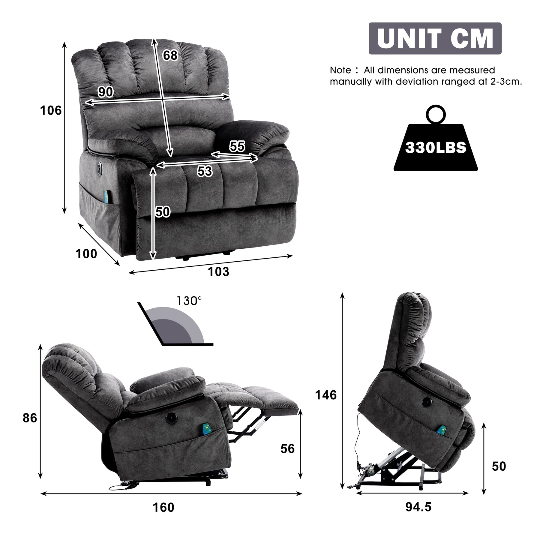 Electric Power Lift Recliner Chair Sofa With Massage And Heat For Elderly, 2 Side Pockets, USB Ports