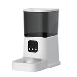 White automatic pet food dispenser with transparent hopper and feeding bowl