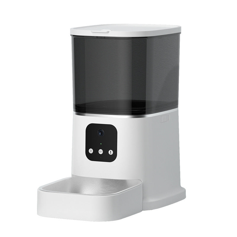 White automatic pet food dispenser with transparent hopper and feeding bowl