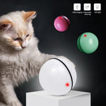 LED rolling cat toy ball in white with black trim and red light dots