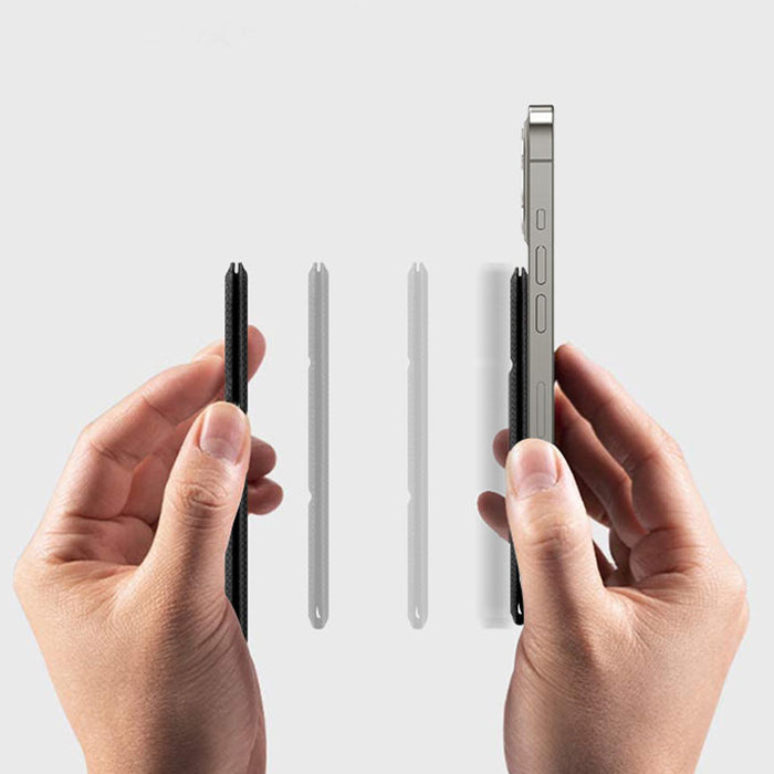 Black flip card holder accessory with slim profile, shown from side edges