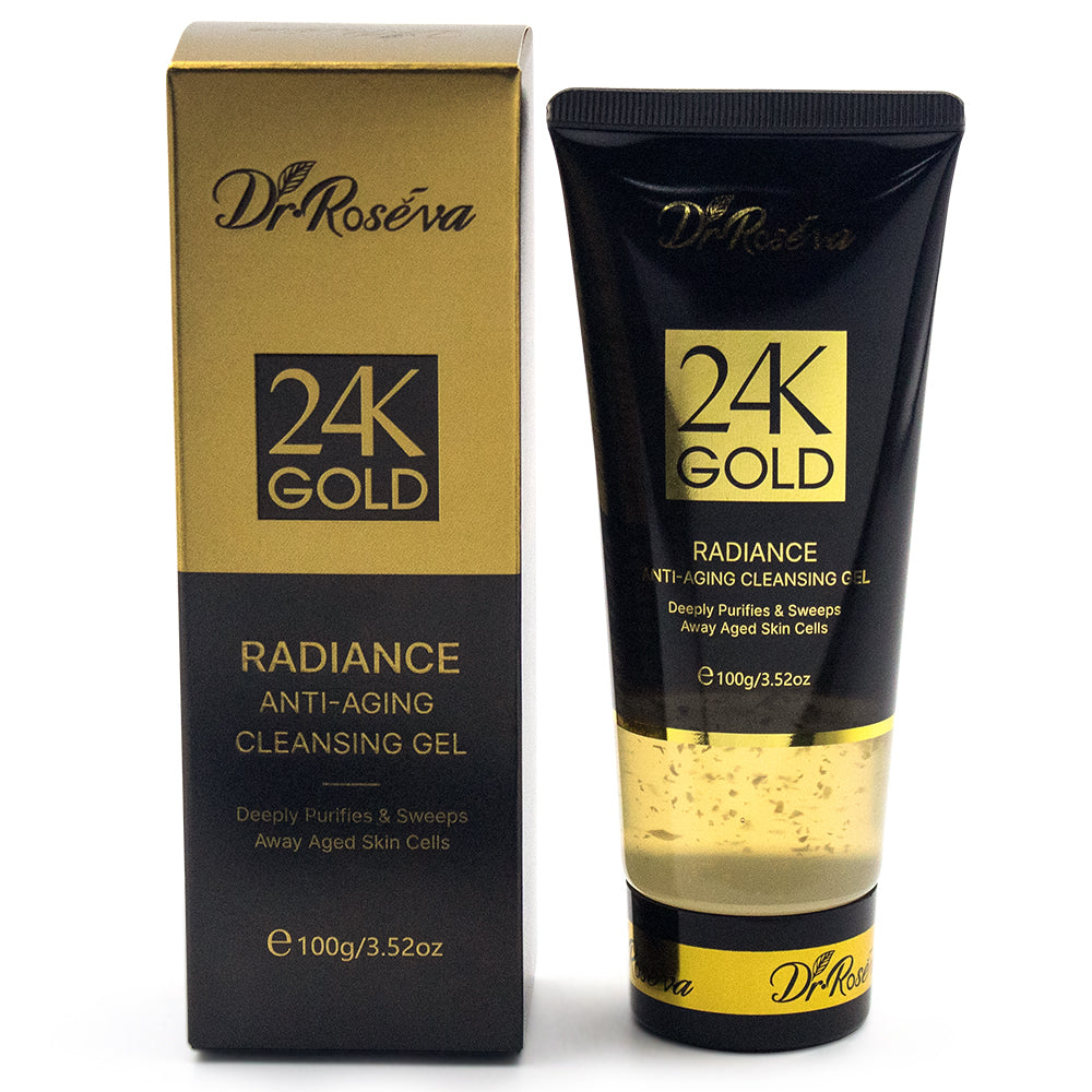 DR 24K Gold radiance anti-aging cleansing gel tube and box, black and gold