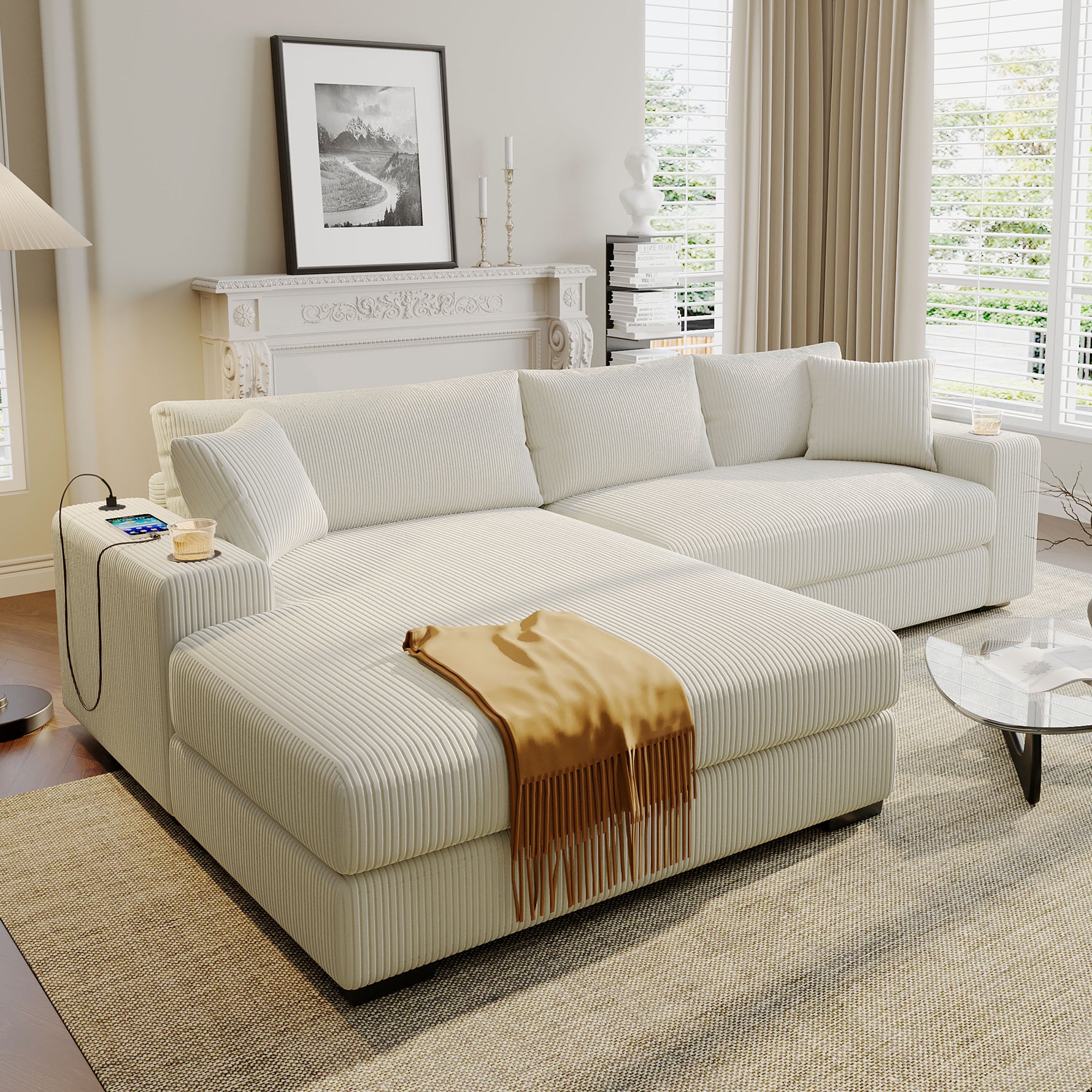 Mirod Large Sectional Sofa With Thick Cushions, And Built-in Cup Holders  Charging Ports