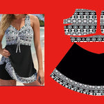 Plus size quick-dry split skirt bikini swimsuit, black geometric print top with black skirt trim