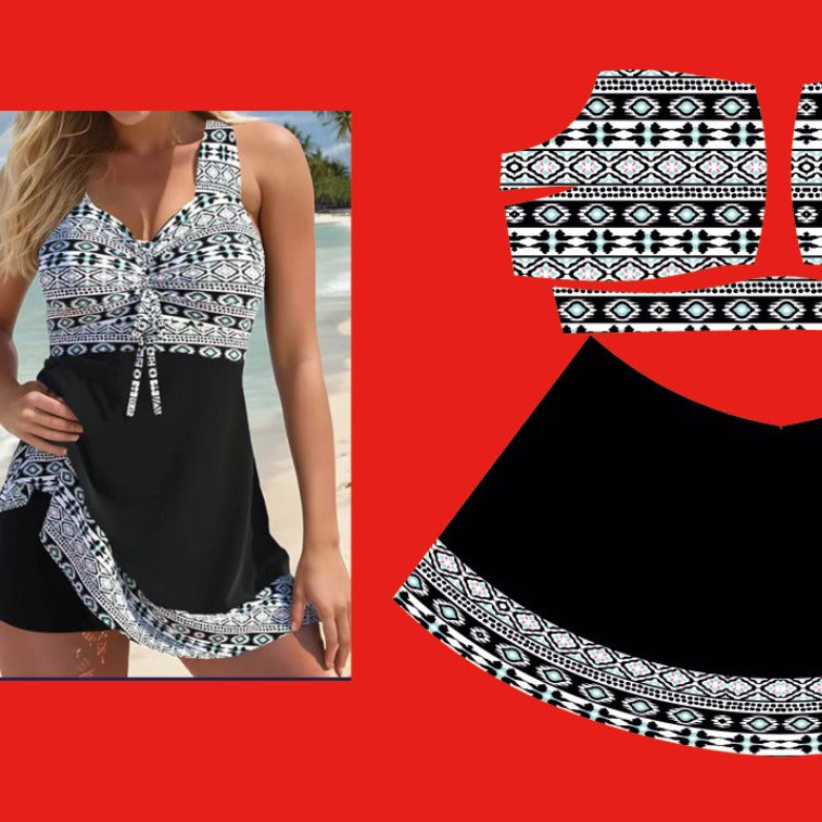 Plus size quick-dry split skirt bikini swimsuit, black geometric print top with black skirt trim