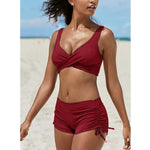 Red wine bandeau bikini set with crisscross bust and ruched high-cut tie-side shorts