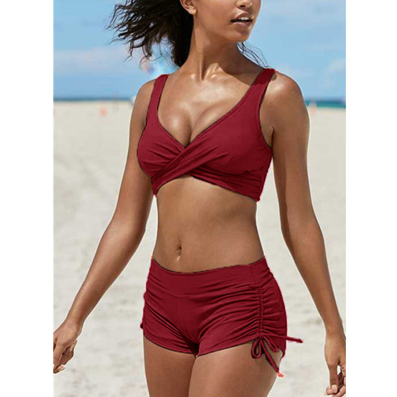 Red wine bandeau bikini set with crisscross bust and ruched high-cut tie-side shorts