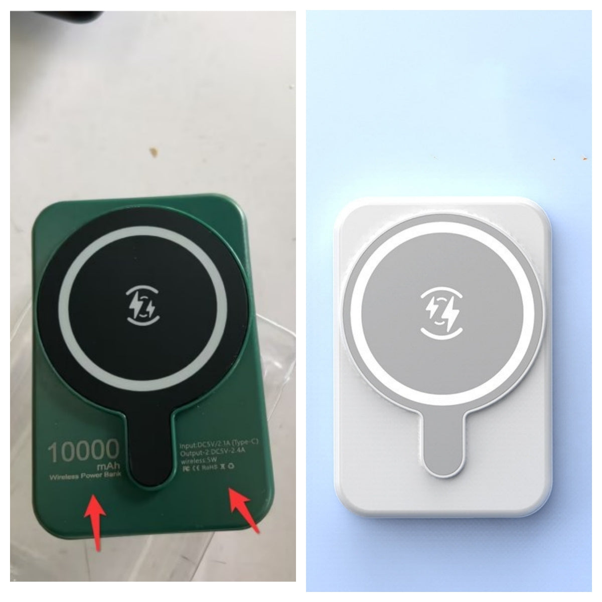 Green magnetic wireless power bank with lightning logo, front view.