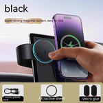 Black magnetic car phone holder with round head, adjustable arm, and phone mount