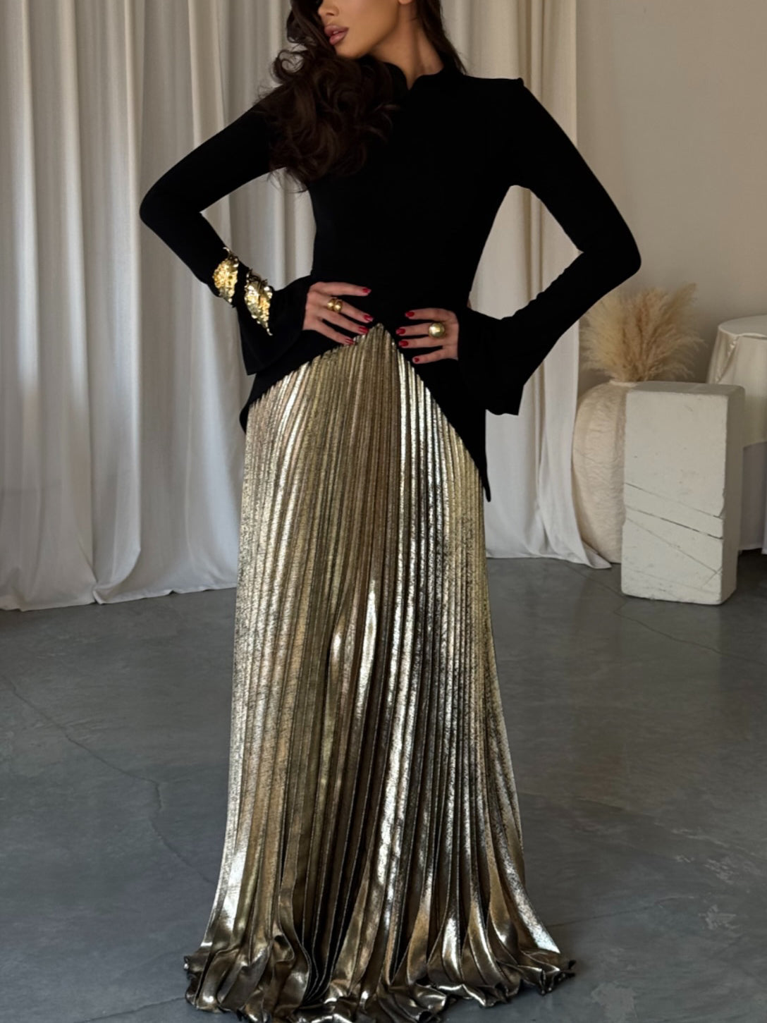 Elegant Essentials Black Bell Sleeve Set: Irregular Hem Top & Pleated Skirt for Effortless Style