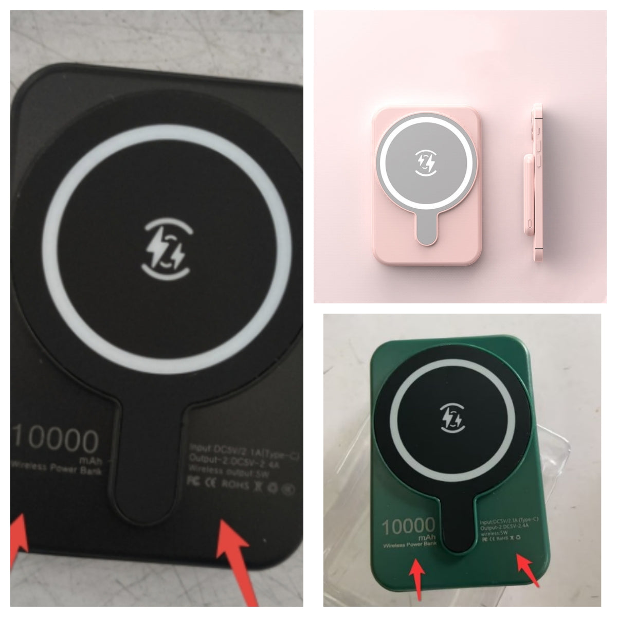 Black mini magnetic wireless power bank close-up and green front view, wireless icon