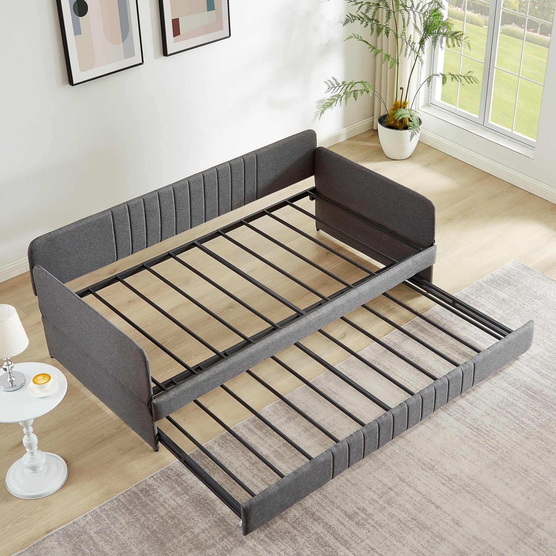 Daybed, Sofa Bed Metal Framed With Trundle Twin Size, Grey, 78.4 L X 41 W X 29.8 H.