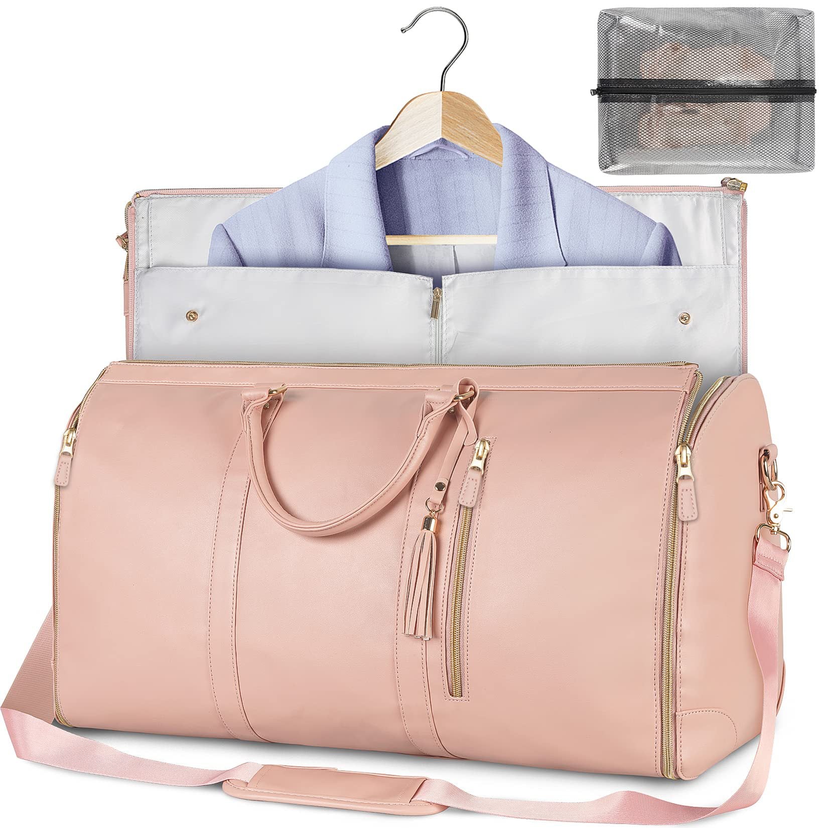 Blush pink waterproof duffle bag open with hanging garment rail, zipper pockets, and mesh organizer