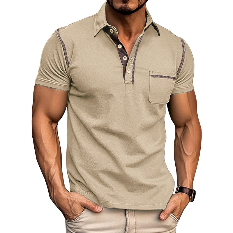 Light khaki henley polo T-shirt, short sleeves, button placket and chest pocket