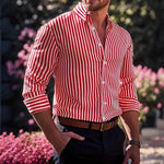 Men's striped button-up shirt, spread collar, long sleeves, vertical red-and-white stripes