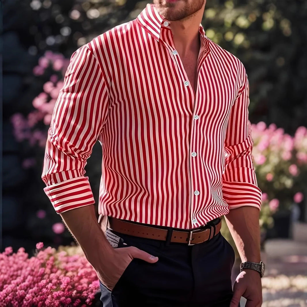 Men's striped button-up shirt, spread collar, long sleeves, vertical red-and-white stripes