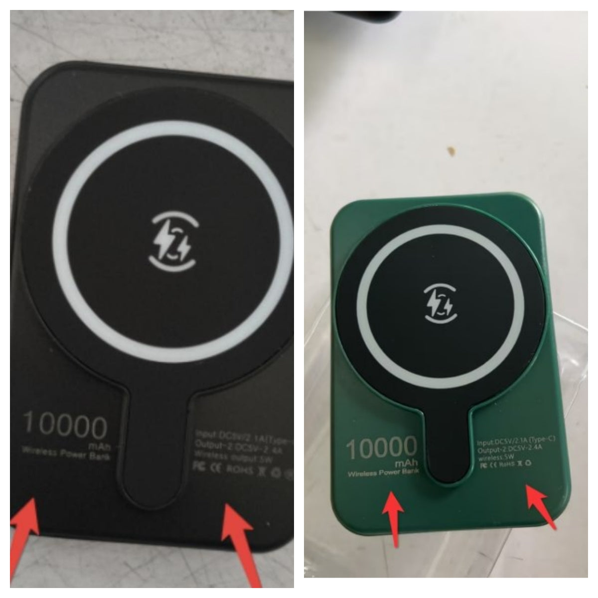 Black and green mini magnetic wireless power banks, charging icon close-up and front