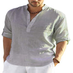 Men's cotton-linen long-sleeve shirt, gray-purple stand collar and button placket
