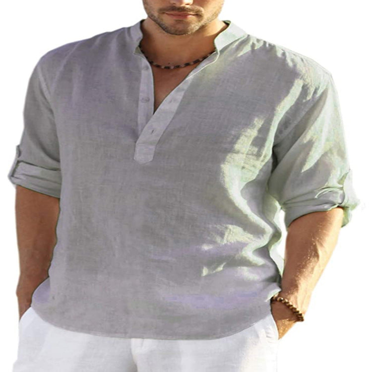 Men's cotton-linen long-sleeve shirt, gray-purple stand collar and button placket