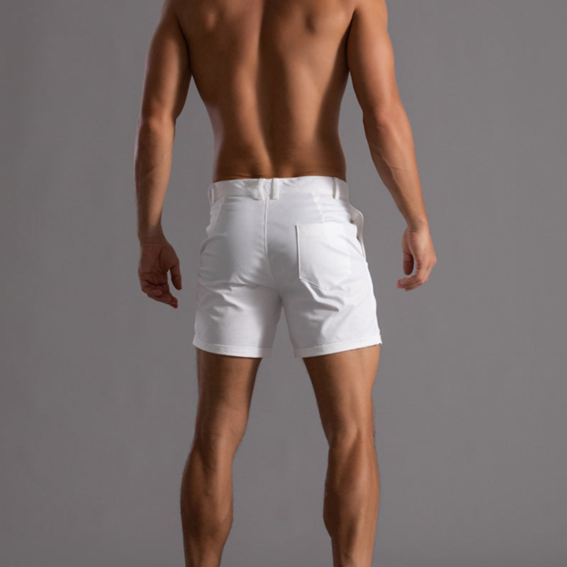 Men's white cotton shorts with button front and side pockets