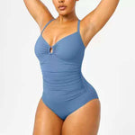 Women's ruched one-piece swimsuit with double straps, blue, arms raised