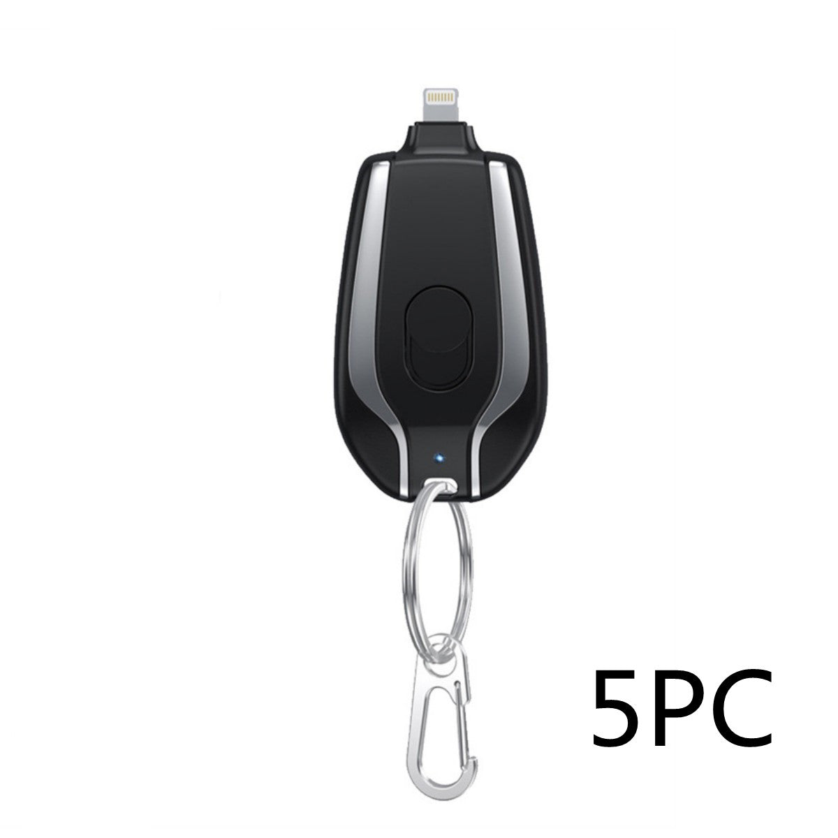 Black mini keychain power bank charger with Type-C connector and metal carabiner clip