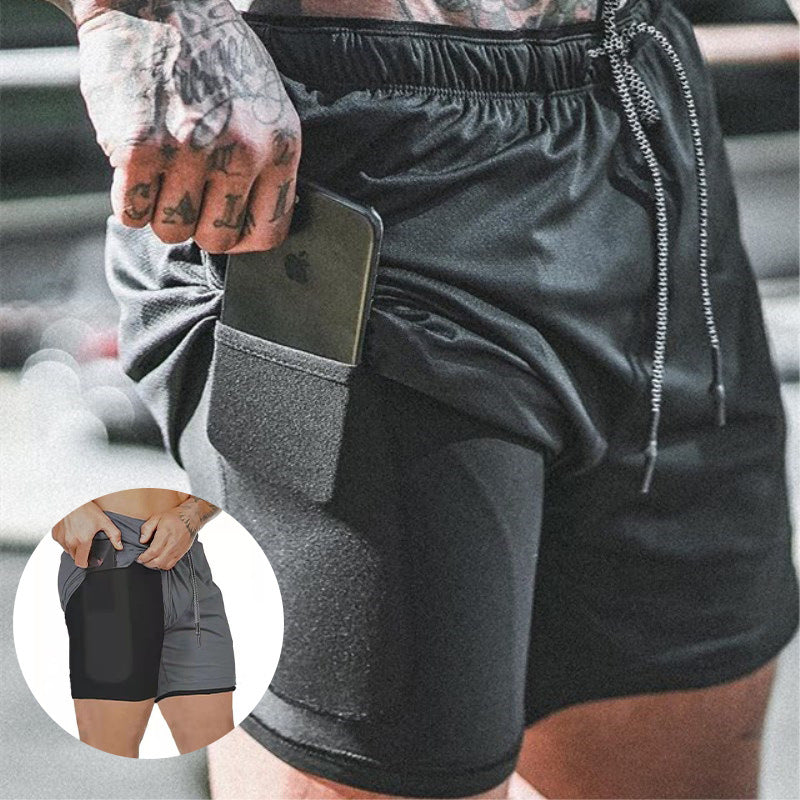 Black pocket compression shorts with side phone holder and drawstring waistband