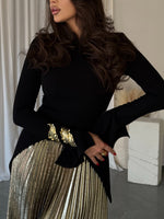 Elegant Essentials Black Bell Sleeve Set: Irregular Hem Top & Pleated Skirt for Effortless Style