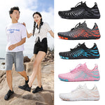 Water shoes in multiple colors shown: black, gray, blue, pink, and white pairs.