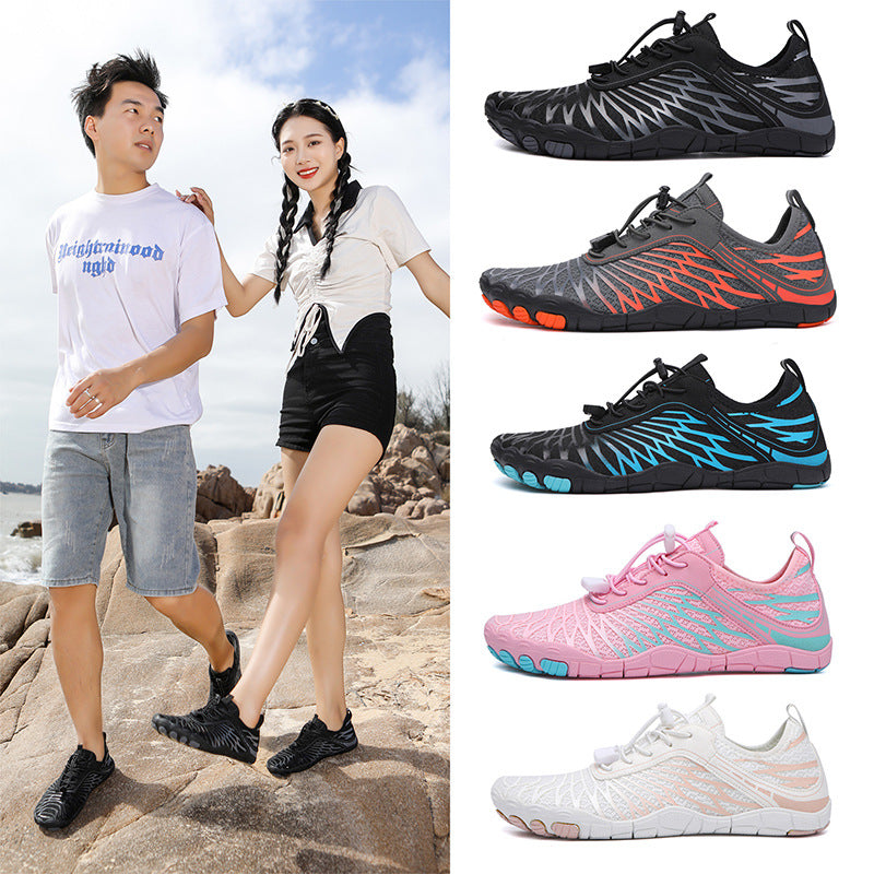 Water shoes in multiple colors shown: black, gray, blue, pink, and white pairs.