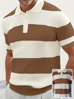 Men's short-sleeve knit polo sweater with brown and cream horizontal color-block stripes