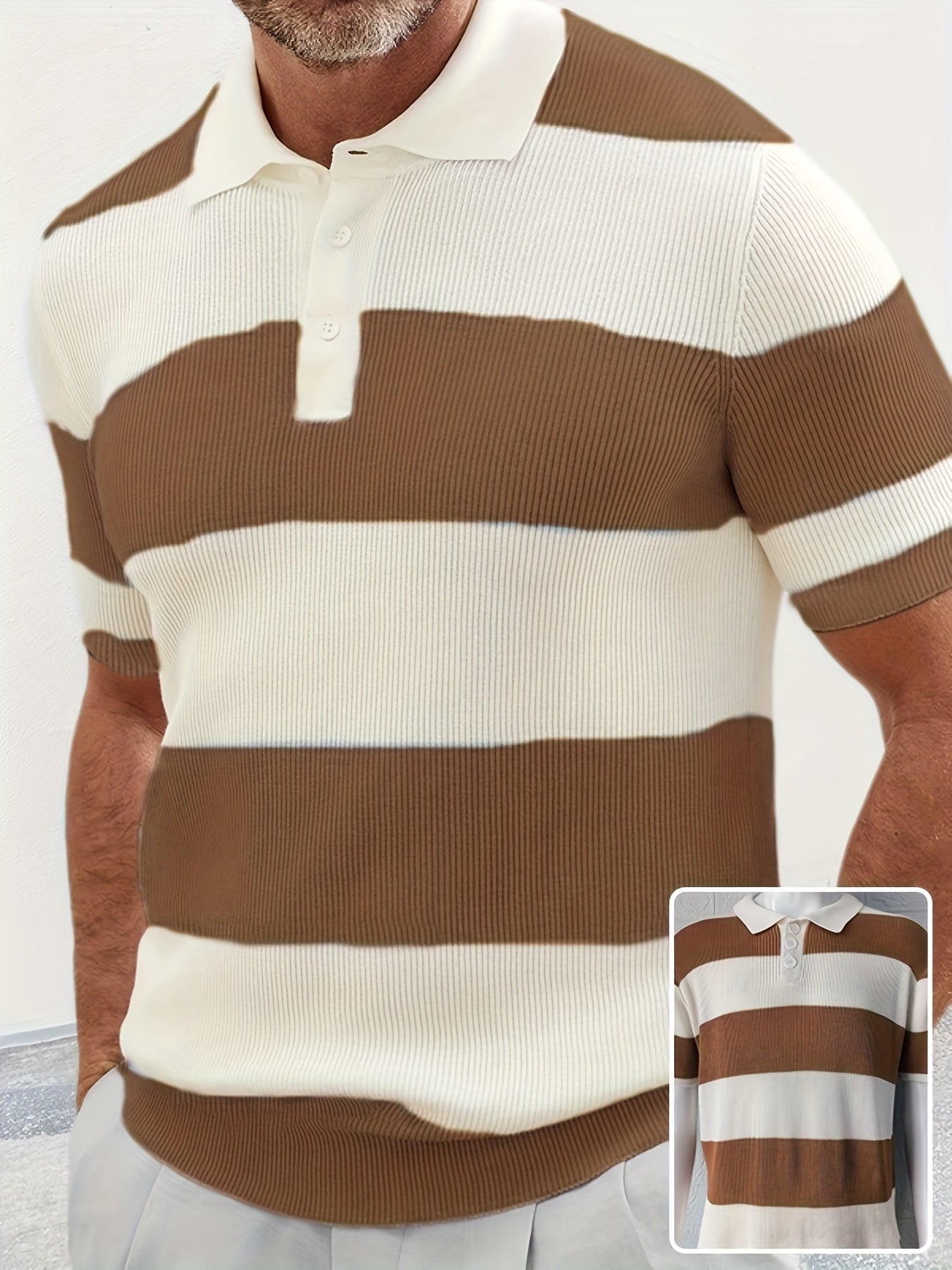 Men's short-sleeve knit polo sweater with brown and cream horizontal color-block stripes