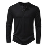 Men's long sleeve henley pullover in black with 3-button placket and ribbed neck