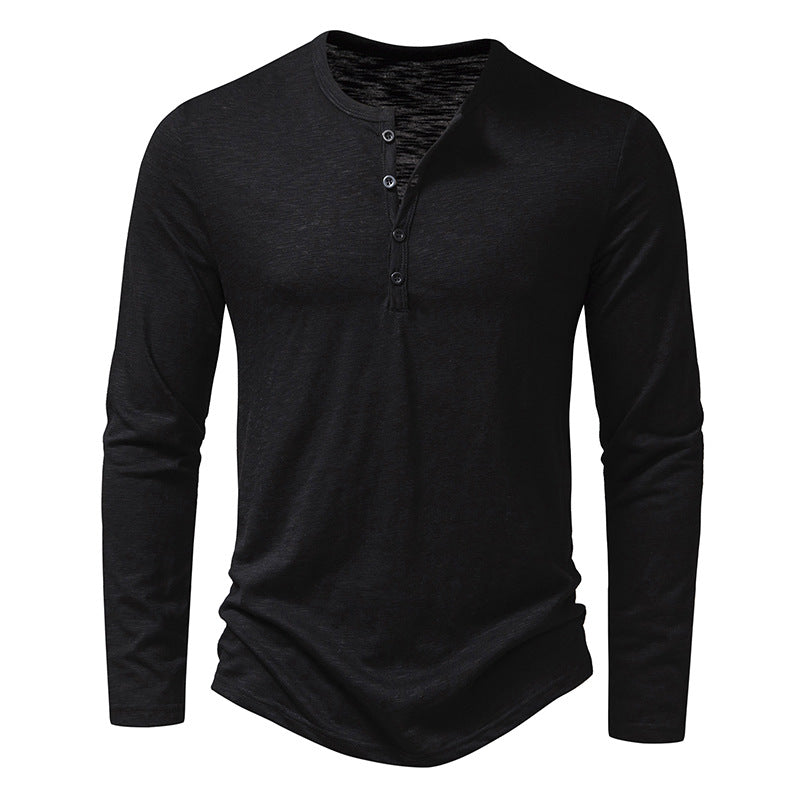 Men's long sleeve henley pullover in black with 3-button placket and ribbed neck