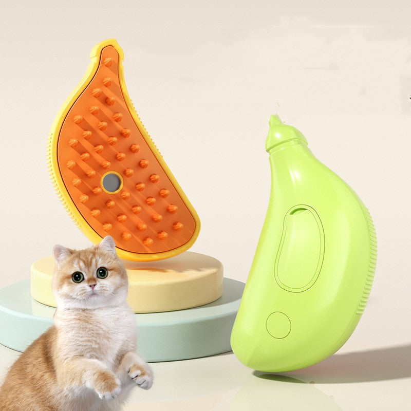 Yellow pet grooming brush with orange silicone bristles and green sprayer bottle