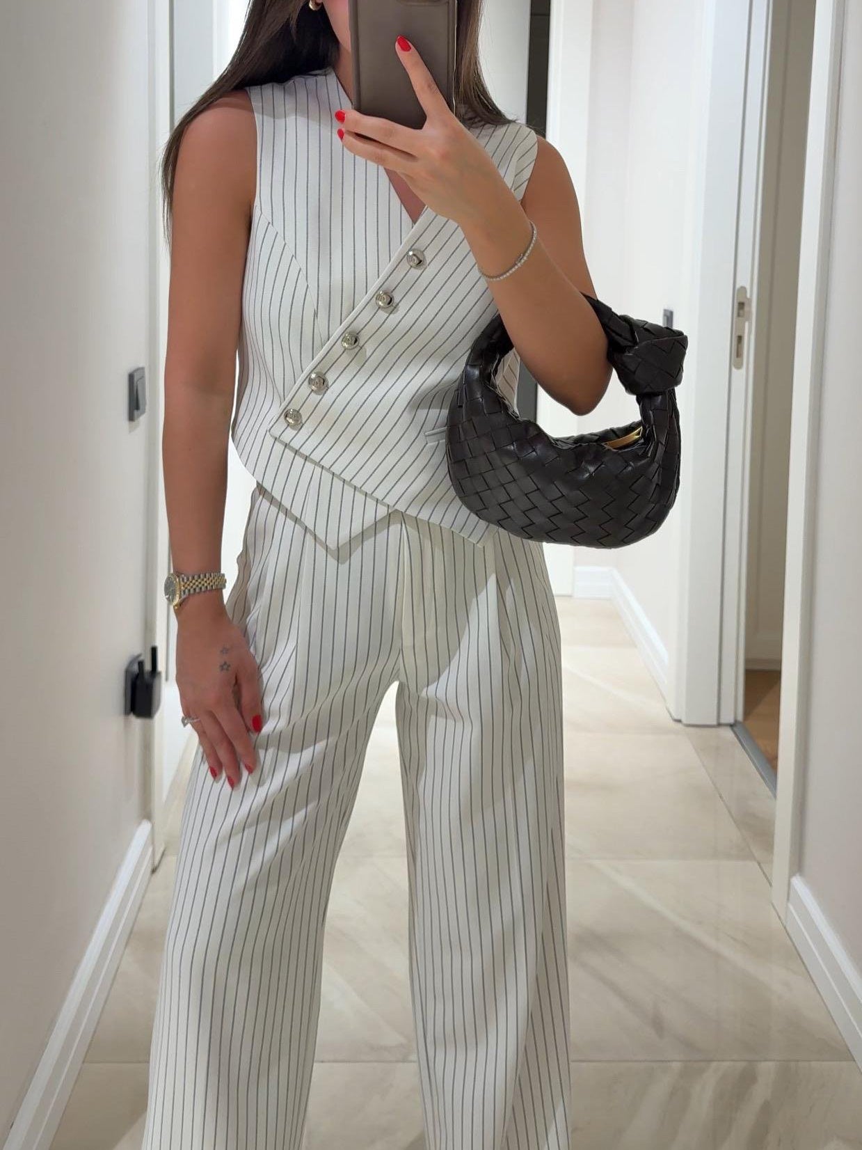 Vibrant White Striped Asymmetric Vest & Pants Set - Chic Double Breasted Style
