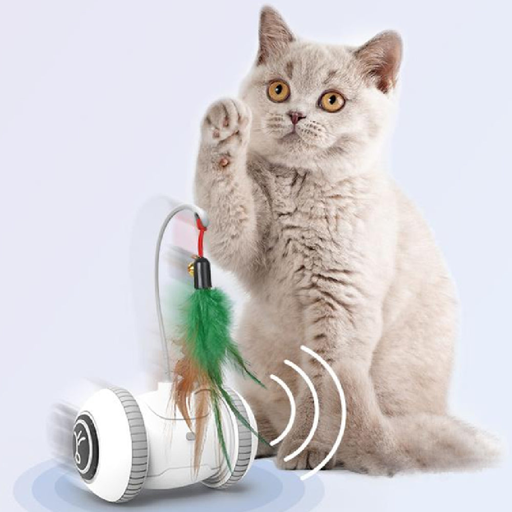 Interactive cat toy robot with green and brown feather wand attachment
