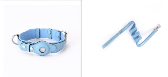 Light blue leather pet collar with AirTag holder, metal clasp, and adjustable strap