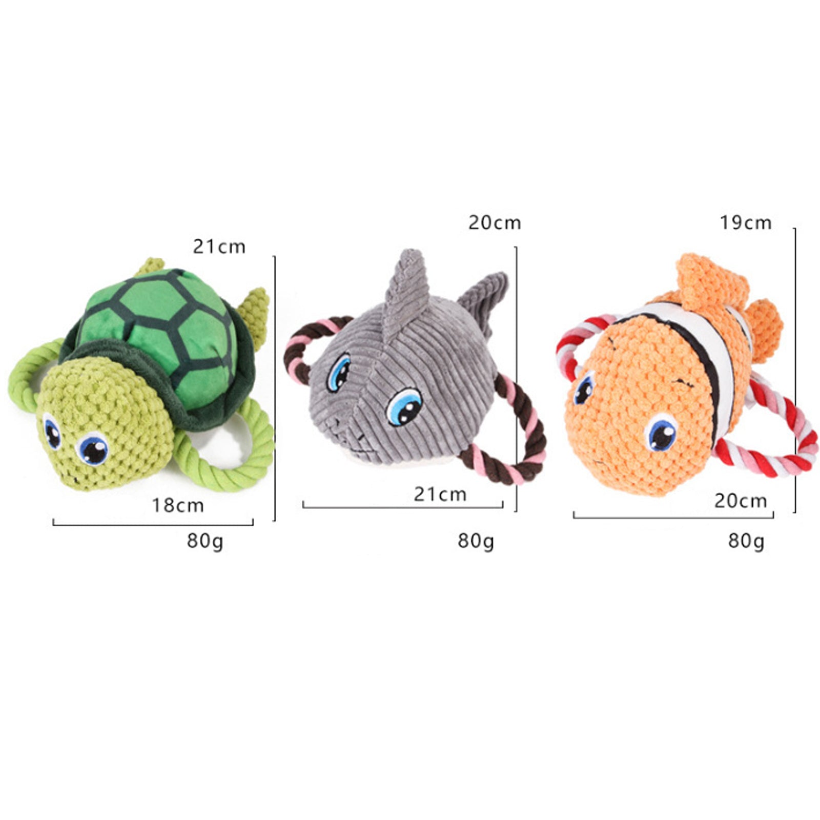 Three turtle-shaped dog chew toys with size labels: green, gray, orange