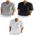 Men's cotton-linen shirt set, light gray, black, and white stand collar placket