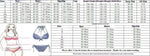 Swimsuit size chart with bust, waist, hip measurements for sizes S to 5XL