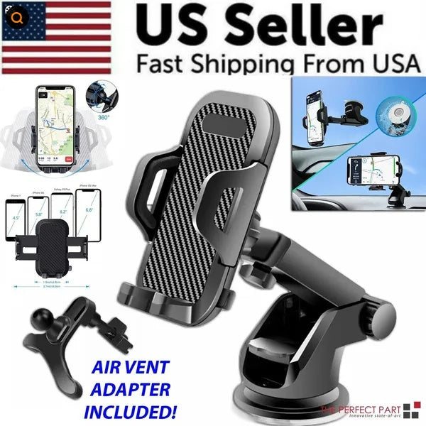 Universal car phone mount holder with vent and suction base, black carbon-fiber cradle