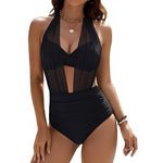 High-waist tummy-control bikini with sheer halter bodice and black ruched one-piece bottoms