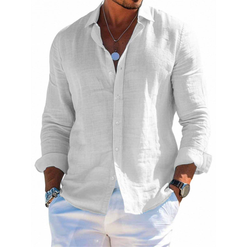Men's long-sleeve button-up shirt, white, lapel collar, button front, solid