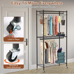 2 Tier Clothing Rack With Cover Portable Wardrobe Closet Covered Garment Rack With 4 Wheels 2 Hanging Rods 2 Hook Racks 35.43x17.13x72.44in