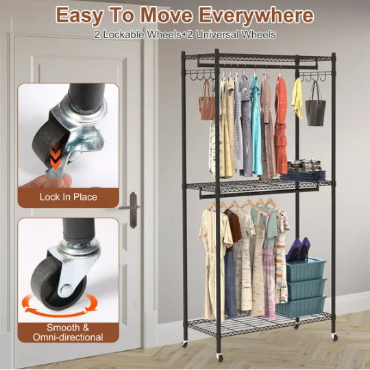 2 Tier Clothing Rack With Cover Portable Wardrobe Closet Covered Garment Rack With 4 Wheels 2 Hanging Rods 2 Hook Racks 35.43x17.13x72.44in