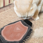 2-in-1 pet grooming glove: pink silicone bristle pad on gray chenille