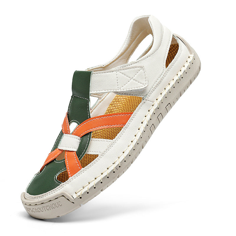 Women's Roman flat woven soft-sole shoes with white base, green and orange accents