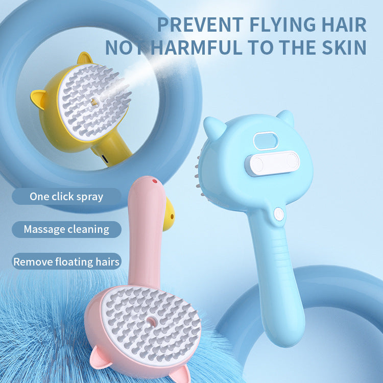 Blue-and-pink self-cleaning pet mist grooming brushes with spray one-click feature